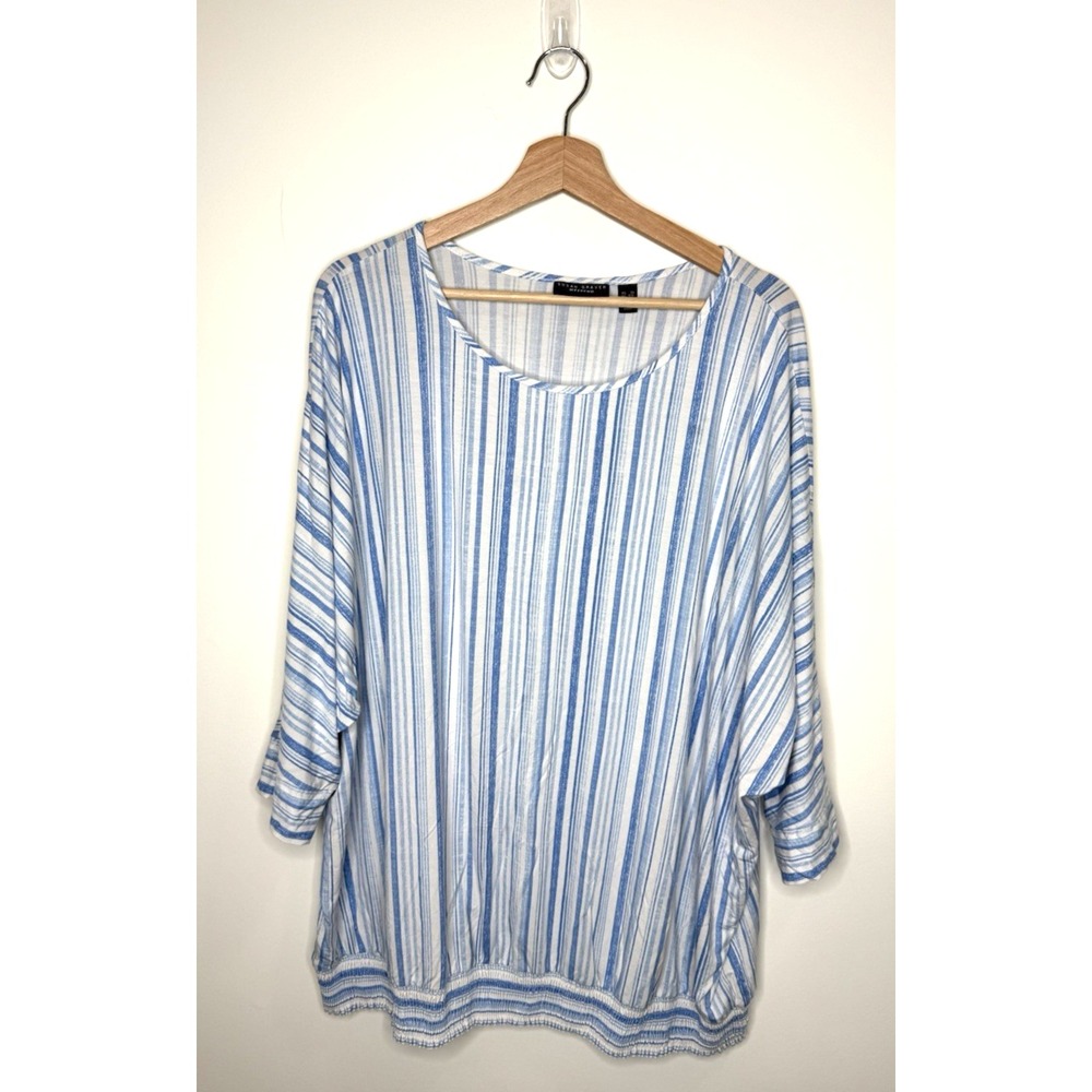 Susan Graver Weekend Top 3X Printed Cool Touch Dolman Banded Stripe Blue Beach